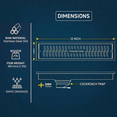 Shower Water Drain Channel SS 304 Grade with Cockroach Trap (12X4 Inch)