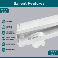 Sliver-Matt Tile Insert Shower Water Drain Channel with Cockroach Trap (18X4 Inches)