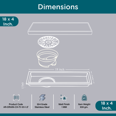 Sliver-Matt Tile Insert Shower Water Drain Channel with Cockroach Trap (18X4 Inches)