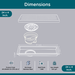 Sliver-Matt Shower Water Drain Channel with Cockroach Trap (24X4 Inches)