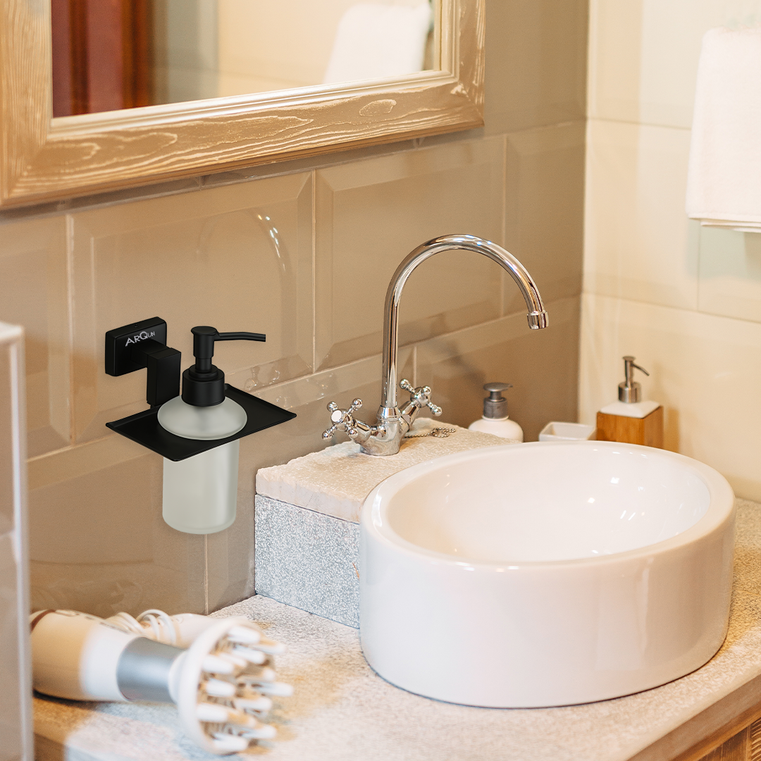 Stainless Steel Black Matt Liquid Soap Dispenser for Bathroom (12.4X12.3X15.5 CM)