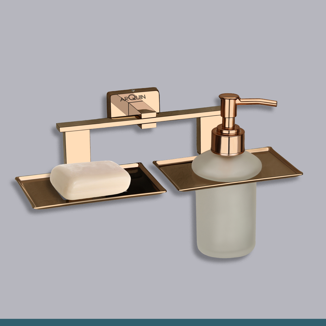 Stainless Steel Rose Gold Soap Dish & Liquid Soap Dispenser for Bathroom (25.8X13X15.5 CM)