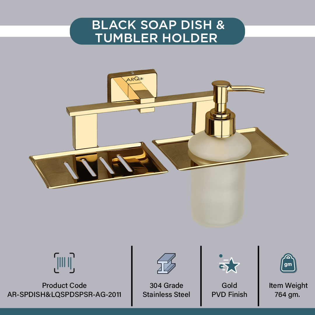 Stainless Steel Gold Soap Dish & Liquid Soap Dispenser for Bathroom (25.8X13X15.5 CM)