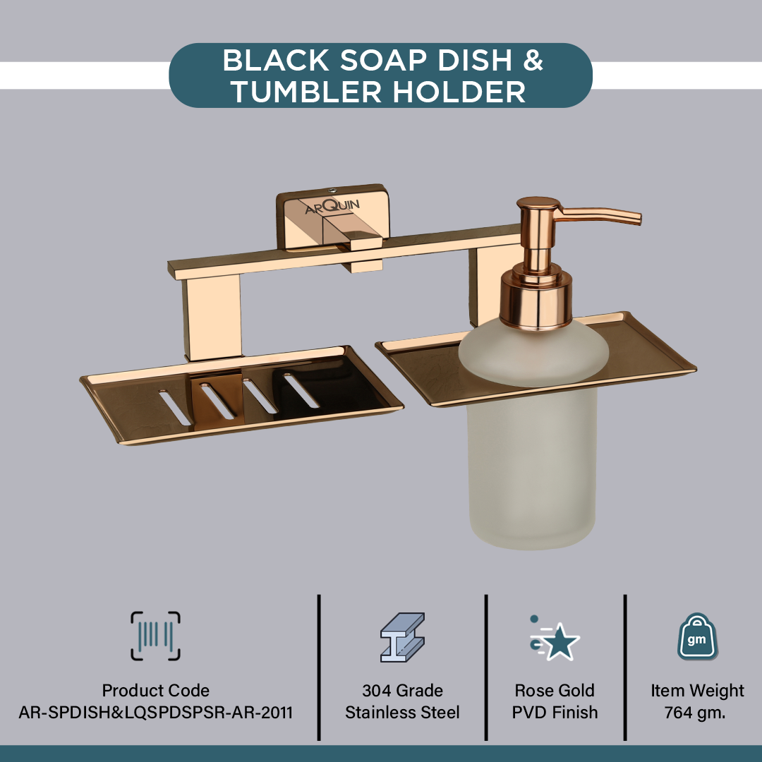 Stainless Steel Rose Gold Soap Dish & Liquid Soap Dispenser for Bathroom (25.8X13X15.5 CM)