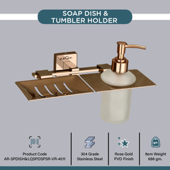 Stainless Steel Rose Gold Soap Dish & Liquid Soap Dispenser for Bathroom (25.5X15X15.5 CM)