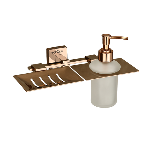 Stainless Steel Rose Gold Soap Dish & Liquid Soap Dispenser for Bathroom (25.5X15X15.5 CM)