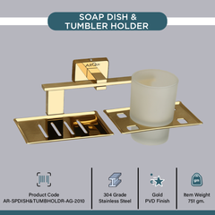 Stainless Steel Gold Soap Dish & Tumbler Holder for Bathroom (25.8X13X9.5 CM)
