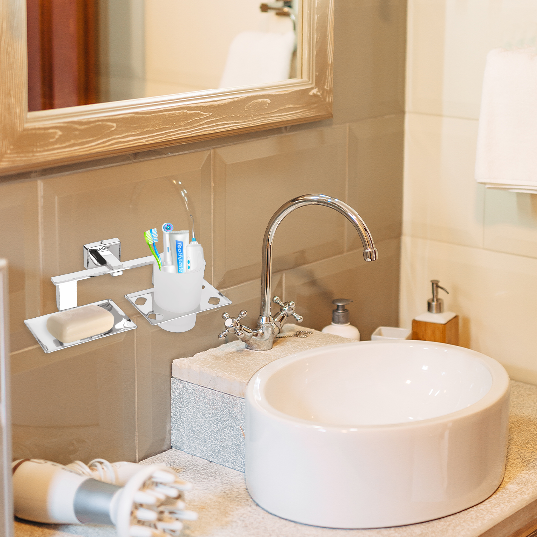 Stainless Steel Chrome Soap Dish & Tumbler Holder for Bathroom (25.8X13X9.5 CM)