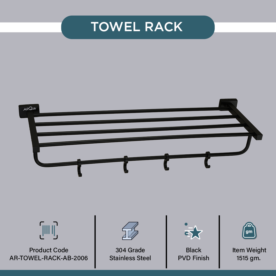 Stainless Steel Black Matt Towel Rack for Bathroom (63.5X21.2X12.5 CM)