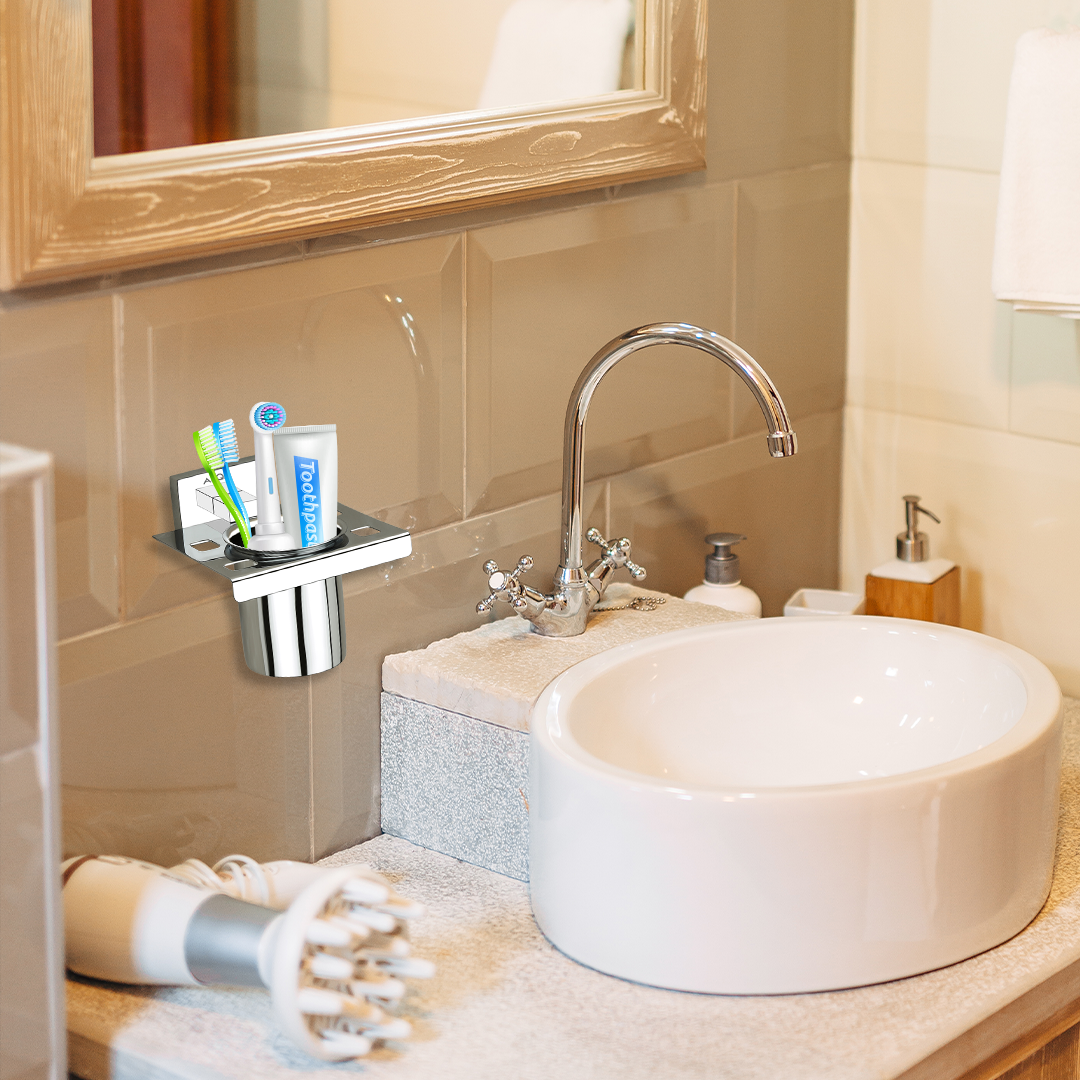 Stainless Steel Chrome Tumbler Holder for Bathroom (12X12.3X9.5 CM)