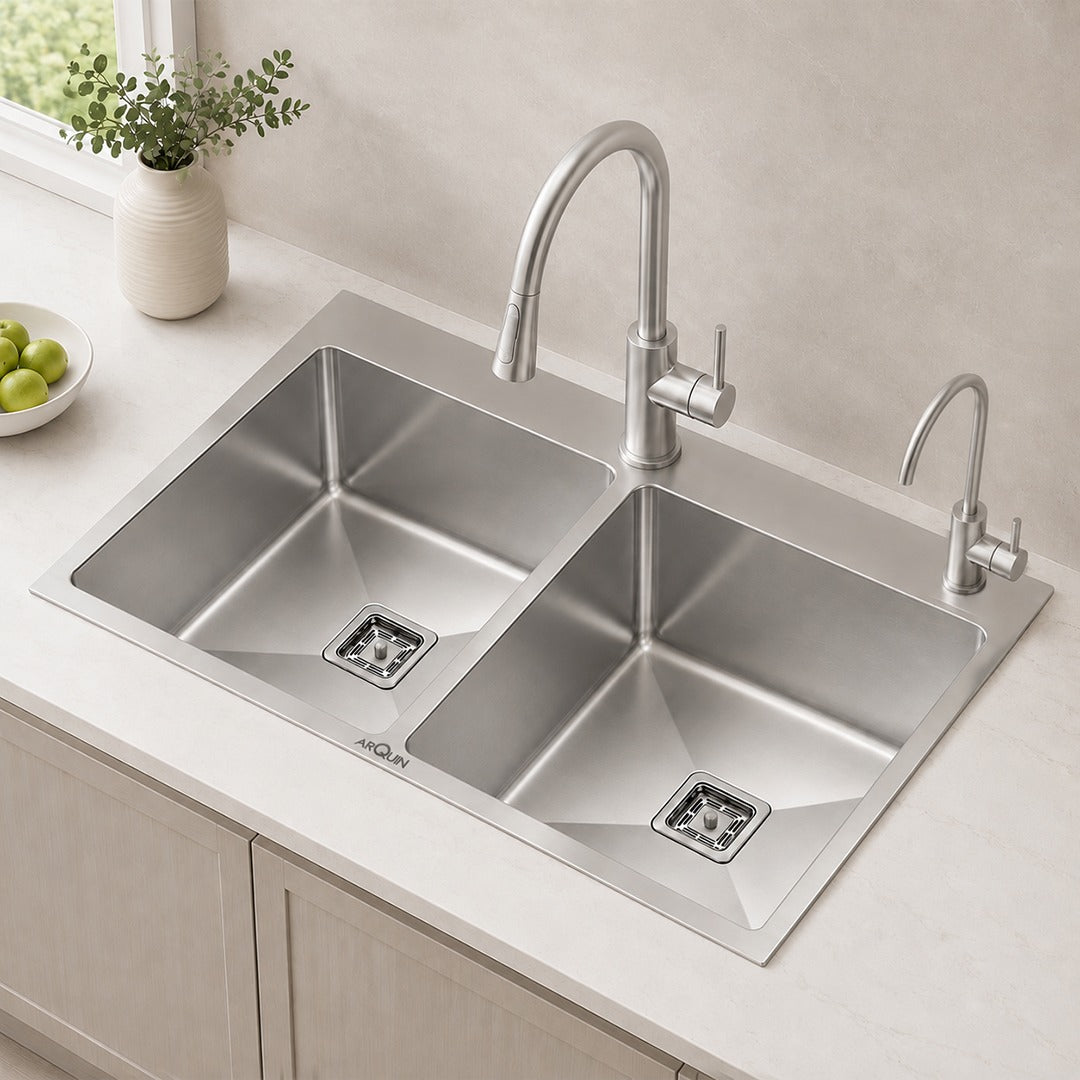 32x18x10 Inch 202 Heavy Grade Handmade Double Bowl With Tap Hole Kitchen Sink