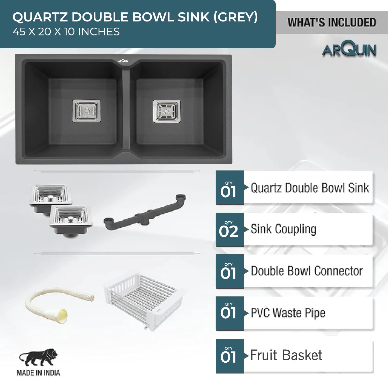 45x20x10 Inch Grey Quartz Double Bowl Kitchen Sink