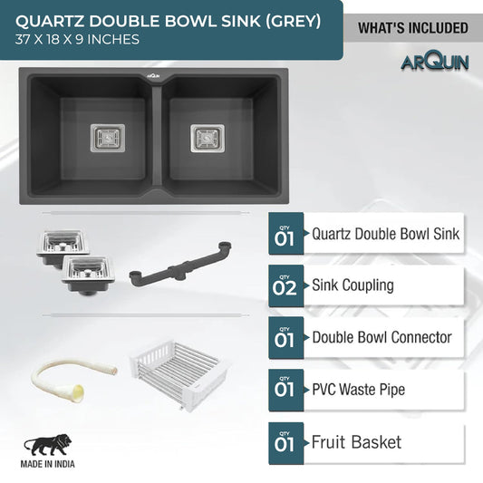 Quartz Double Bowl Kitchen Sink (37 x 18 x 9 Inches) ( Grey)