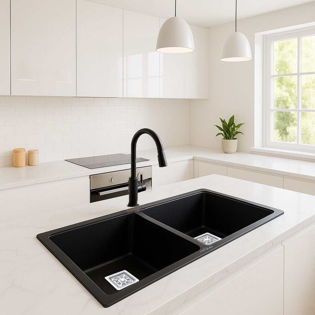 45x20x10 Inch Black Quartz Double Bowl Kitchen Sink