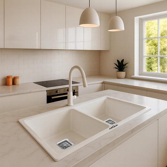 Quartz Double Bowl Kitchen Sink (45x20x 10Inches) ( White)