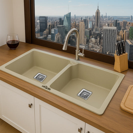 Quartz Double Bowl Kitchen Sink (45 x20 x 10 Inches) ( Choco White)