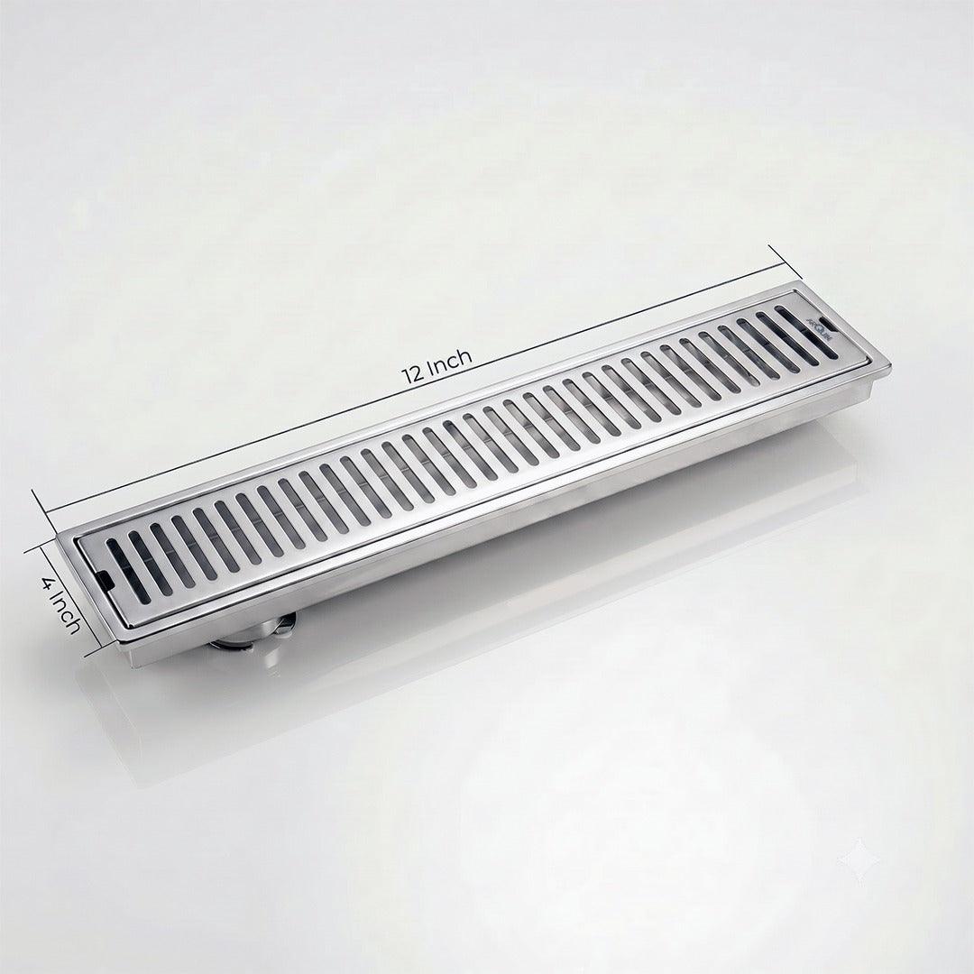Shower Water Drain Channel SS 304 Grade with Cockroach Trap (12X4 Inch)