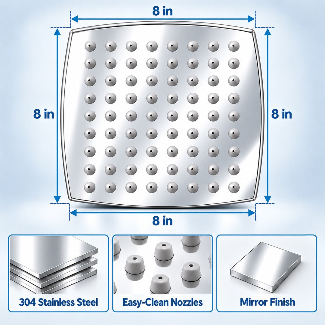 Rain Shower Head without Arm 304 Stainless Steel Overhead Shower 8x8 Inch (CURVE)