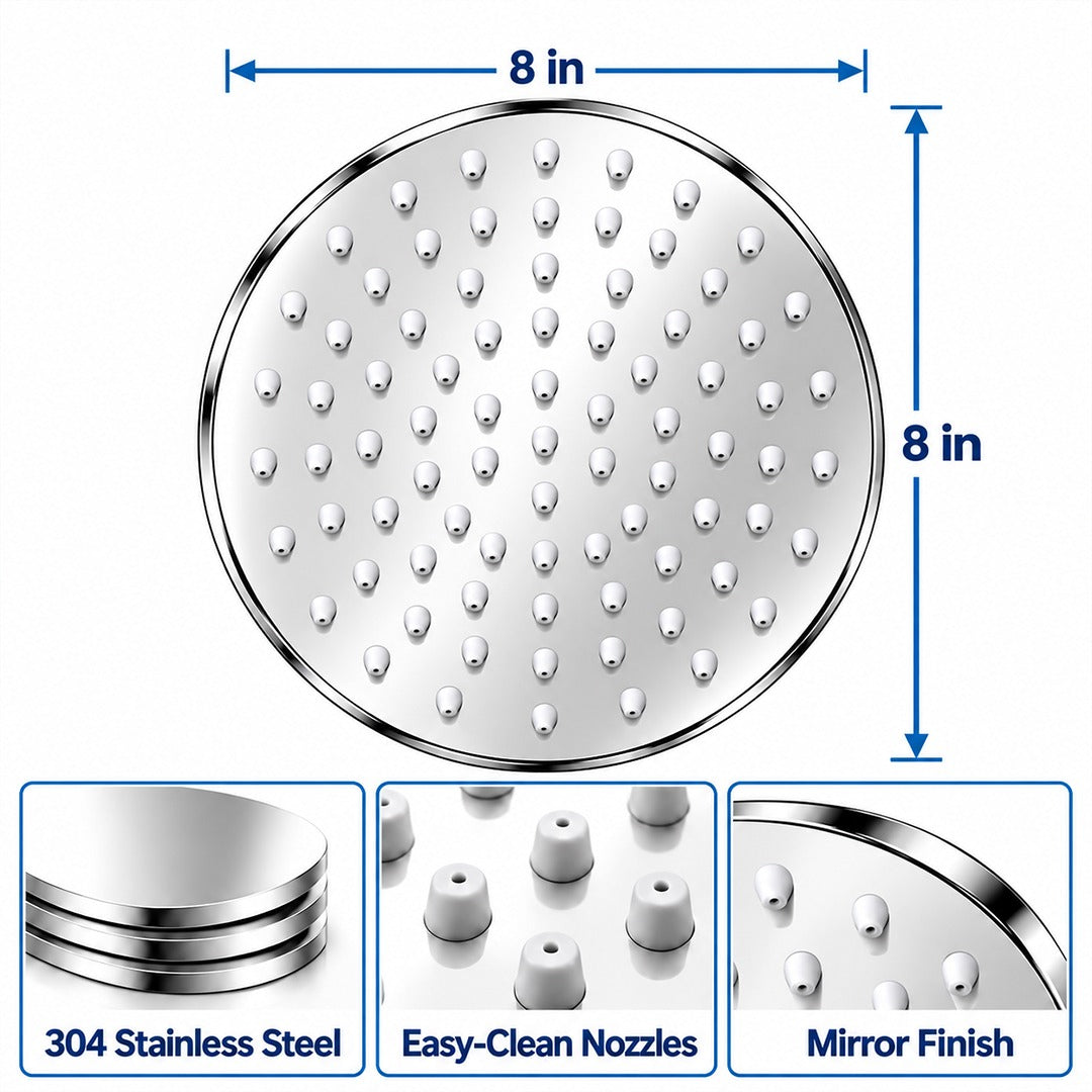 Rain Shower Head without Arm 304 Stainless Steel Overhead Shower 8x8 Inch (ELEGANCE ROUND)