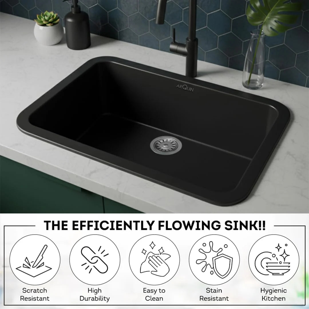 31x19x9 Inch Black Quartz Single Bowl Round Kitchen Sink