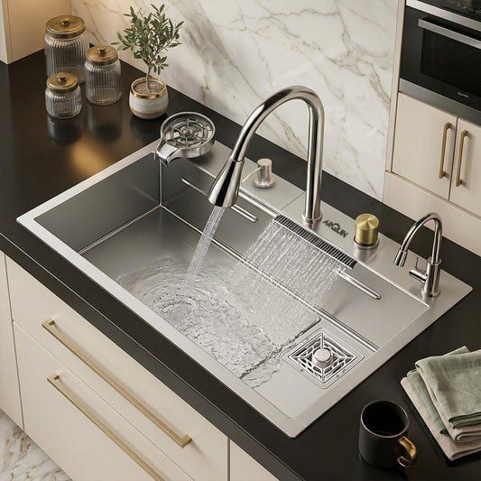 Silver Waterfall Kitchen Sink 24"x18"x9"Inch Single Bowl 304 Grade Stainless Steel ANTI SCRATCH
