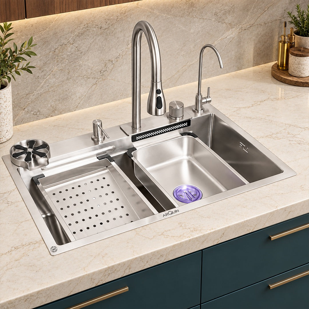 Waterfall Kitchen Sink (30x18x9 Inch) Silver 304 Grade Stainless Steel