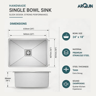24x18x10 Inch Heavy Grade Handmade Single Bowl Kitchen Sink