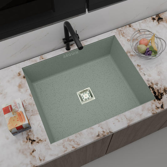 ARQUIN Choco Green Quartz Single Bowl Kitchen Sink 24x18x9 inches|Noise-Reducing,Durable & Scratch-Resistant Kitchen Sink|Granite Sink with Sink Coupling, Waste Pipe & Vegetable Washing Basket