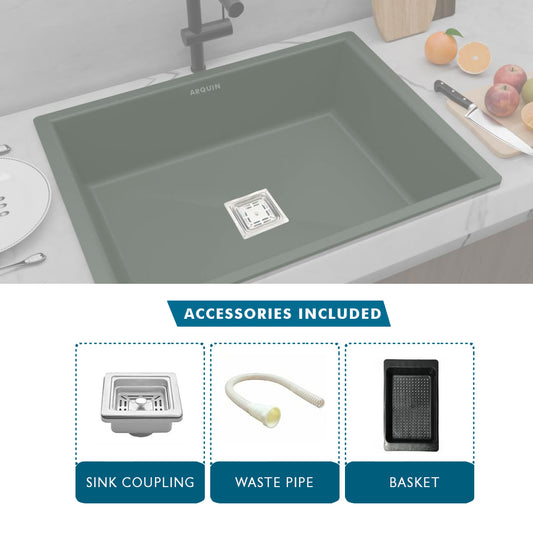 ARQUIN Choco Green Quartz Single Bowl Kitchen Sink 24x18x9 inches|Noise-Reducing,Durable & Scratch-Resistant Kitchen Sink|Granite Sink with Sink Coupling, Waste Pipe & Vegetable Washing Basket