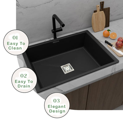 24x18x9 Inch Black Quartz Single Bowl Kitchen Sink