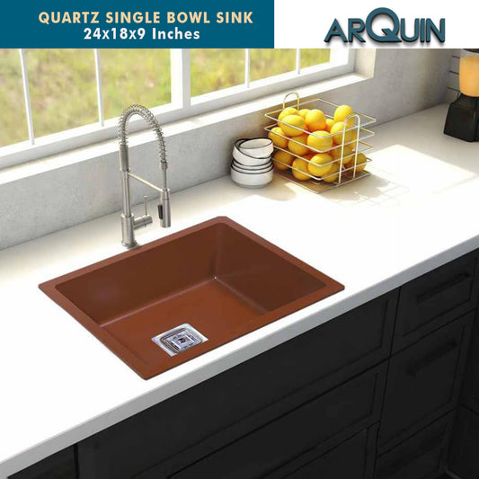 ARQUIN Brown Quartz Single Bowl Kitchen Sink 24x18x9 inches|Noise-Reducing,Durable & Scratch-Resistant Kitchen Sink|Granite Sink with Sink Coupling, Waste Pipe & Vegetable Washing Basket