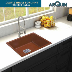 ARQUIN Brown Quartz Single Bowl Kitchen Sink 24x18x9 inches|Noise-Reducing,Durable & Scratch-Resistant Kitchen Sink|Granite Sink with Sink Coupling, Waste Pipe & Vegetable Washing Basket