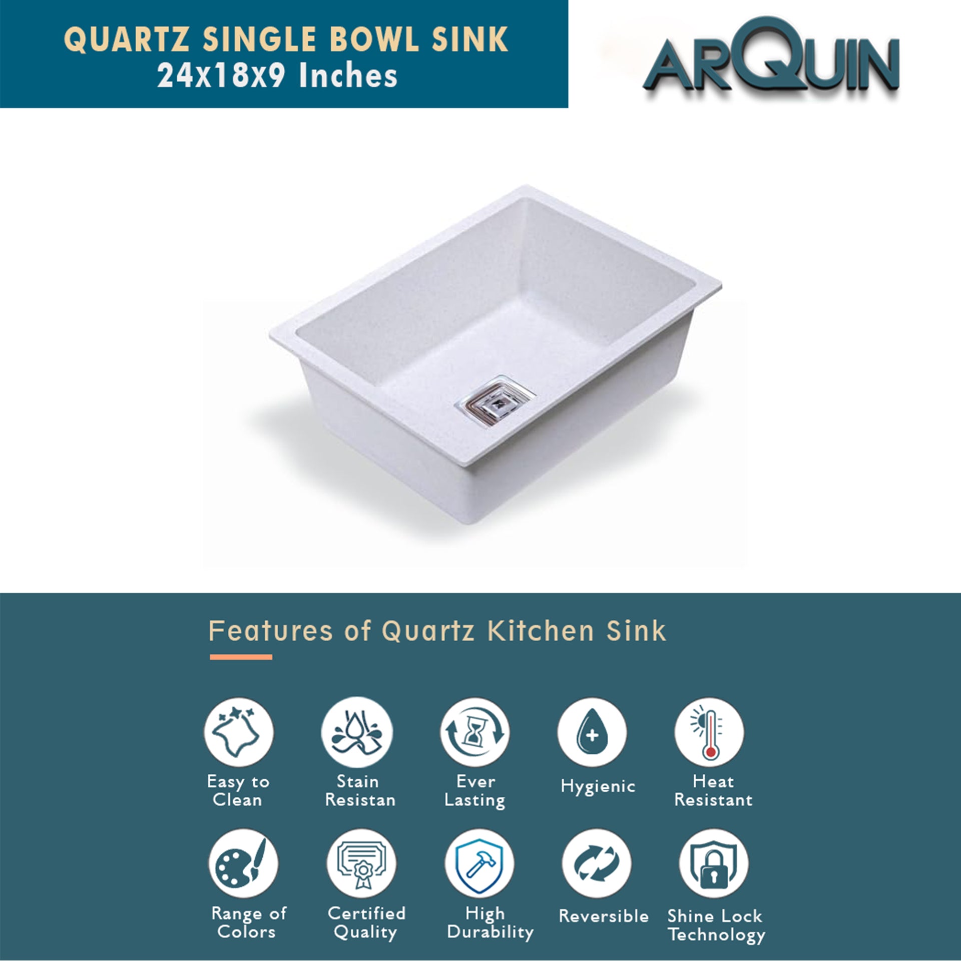 24x18x9 Inch White Quartz Single Bowl Kitchen Sink