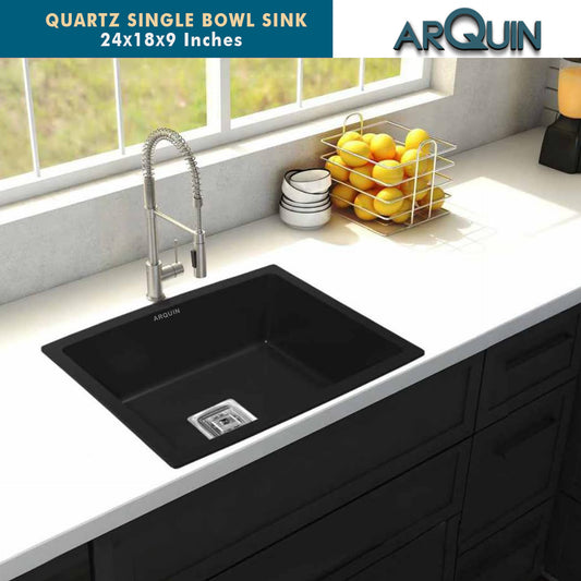 ARQUIN Black Quartz Single Bowl Kitchen Sink 24x18x9 inches|Noise-Reducing,Durable & Scratch-Resistant Kitchen Sink|Granite Sink with Sink Coupling, Waste Pipe & Vegetable Washing Basket Visit the ARQUIN Store
