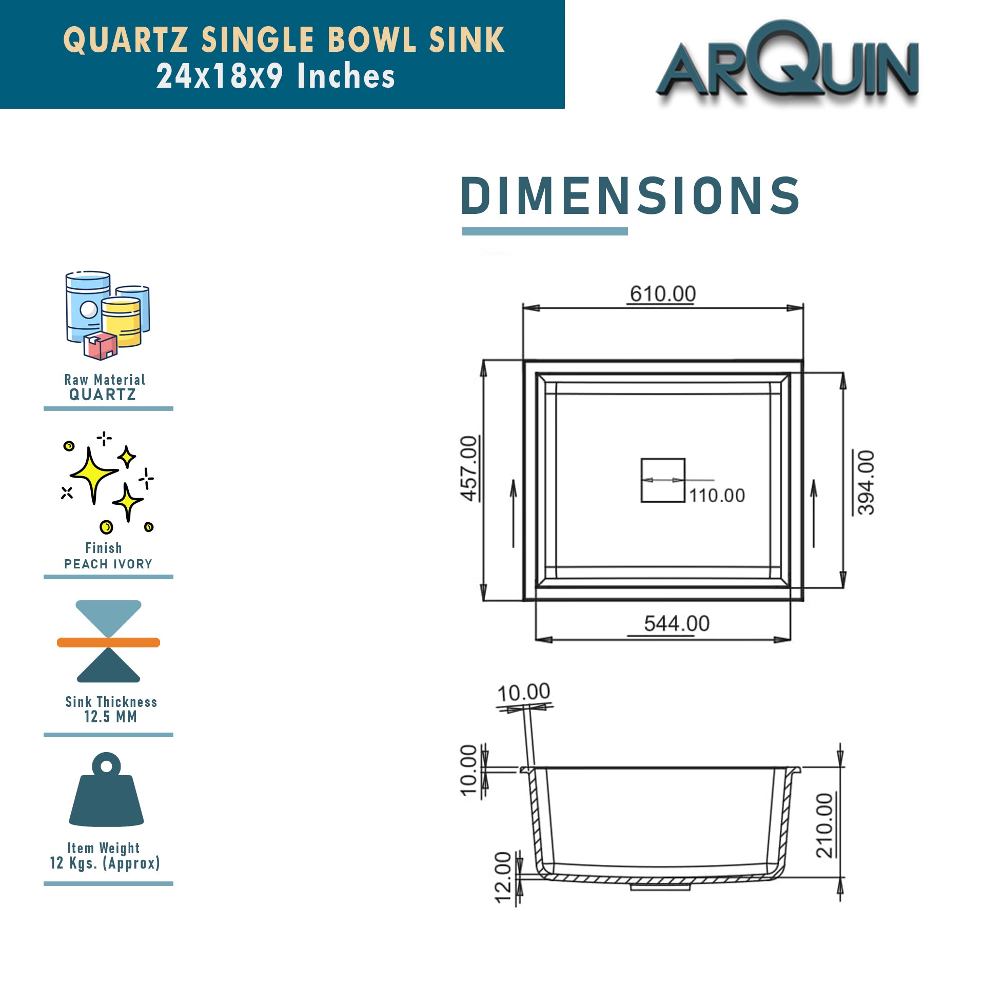 24x18x9 Inch White Quartz Single Bowl Kitchen Sink