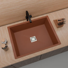 ARQUIN Brown Quartz Single Bowl Kitchen Sink 24x18x9 inches|Noise-Reducing,Durable & Scratch-Resistant Kitchen Sink|Granite Sink with Sink Coupling, Waste Pipe & Vegetable Washing Basket
