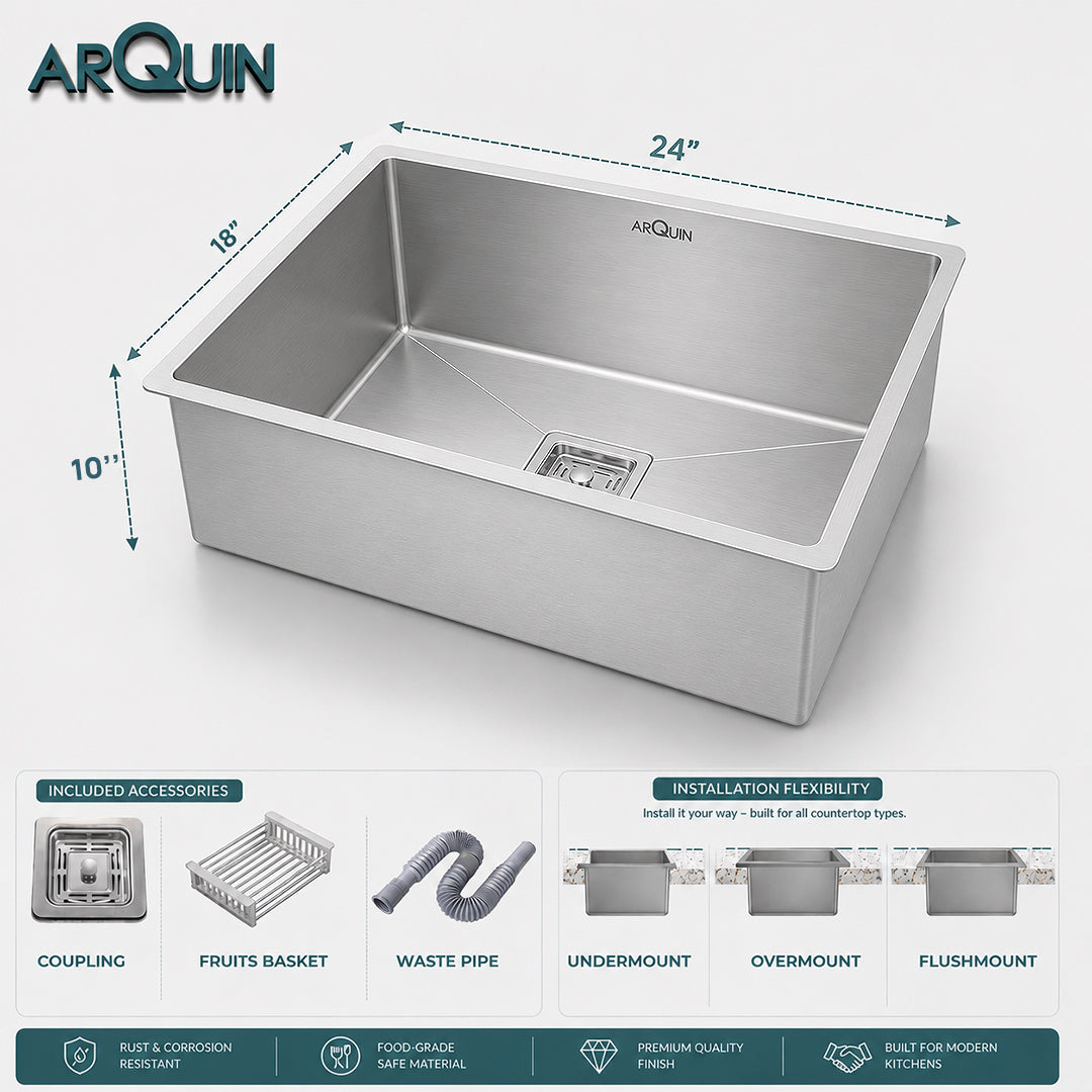 24x18x10 Inch Heavy Grade Handmade Single Bowl Kitchen Sink