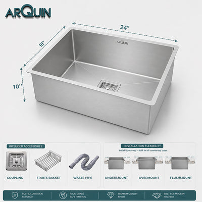 24x18x10 Inch Heavy Grade Handmade Single Bowl Kitchen Sink
