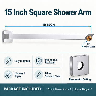 Shower Arm for Overhead Shower 304 Stainless Steel 15 Inch Shower Pipe 45 Degree
