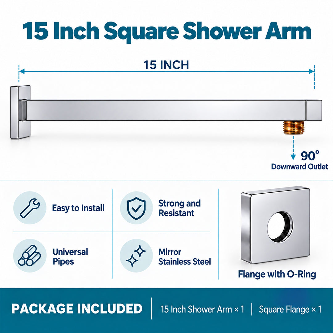 Shower Arm for Overhead Shower 304 Stainless Steel 15 Inch Shower Pipe 90 Degree