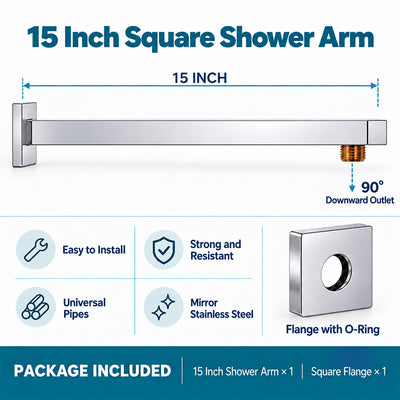 Shower Arm for Overhead Shower 304 Stainless Steel 15 Inch Shower Pipe 90 Degree