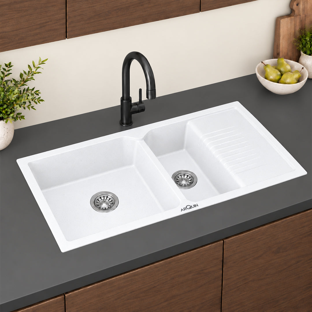 45x20x10 Inch White Quartz Double Bowl with Drain Board  Kitchen Sink