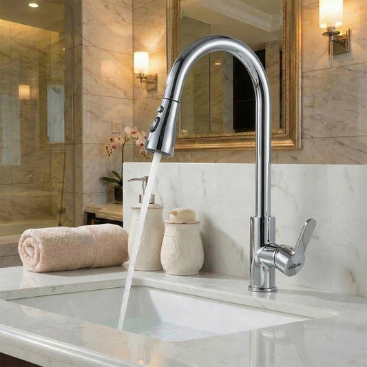 ARQUIN Waterfall Pull Down Kitchen Sink Faucet Mixer Tap |  (Waterfall Pullout Sink Mixer Silver)