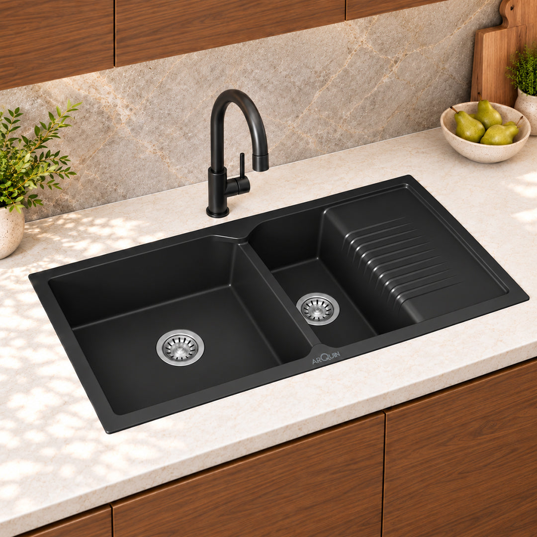 45x20x10 Inch Black Quartz Double Bowl with Drain Board Kitchen Sink