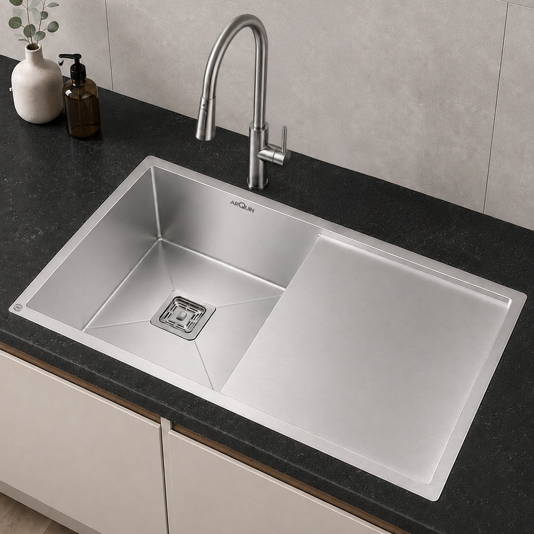 37x18x10 Inch 304 Grade Handmade Single Bowl With Drain Board Kitchen Sink Stainless Steel