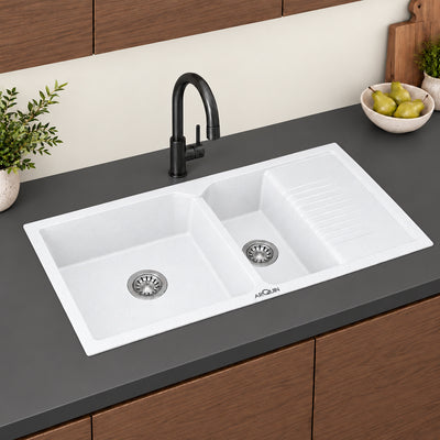 45x20x9 Inch Sand Pluto Quartz Sink Double Bowl with Drain Board  Kitchen Sink