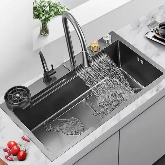 Black Waterfall Kitchen Sink with Stainless Steel and Anti Scratch Honeycomb Design with Integrated Waterfall, Pull-down Faucet, Cup Washer and Drain Baskets (30X18X9 Inches)