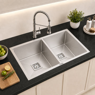 32x18x10 Inch 304 Grade Handmade Double Bowl Kitchen Sink Stainless Steel