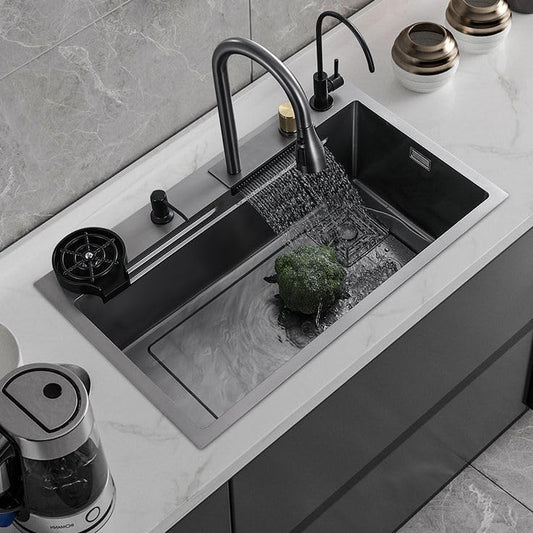 Nano Black Waterfall Kitchen Sink Stainless Steel Anti Scratch Smart Design Sink with Integrated Waterfall and Pull-Down Faucet (24X18X9 Inches)