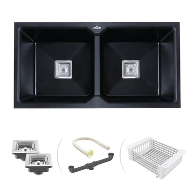 37x18x9 Inch Black Quartz Double Bowl Kitchen Sink